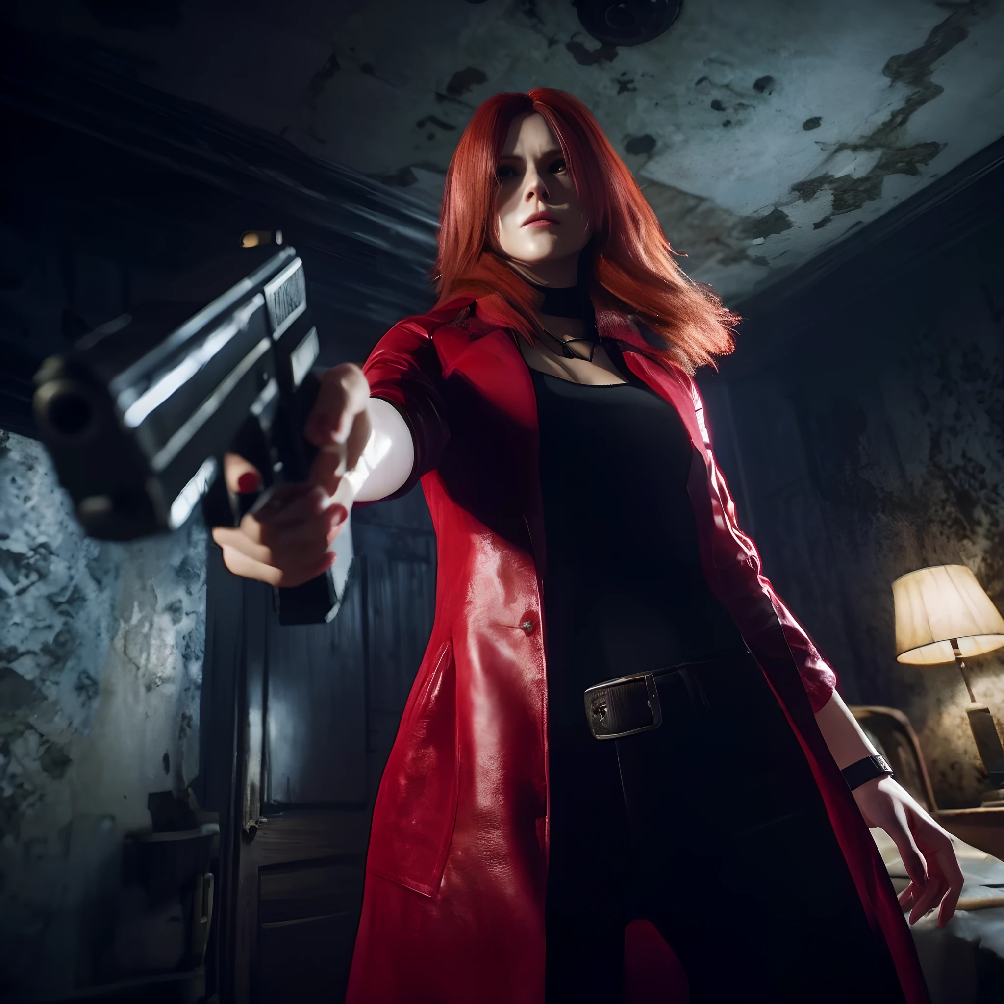 4K, HD, ((Claire Redfield 40 years old)), beautiful face, looking at viewer, very long red hair, perfect Face, black jeans, red long coat with black t-shirt, red nail polish, friendly face, Glare, holding a gun