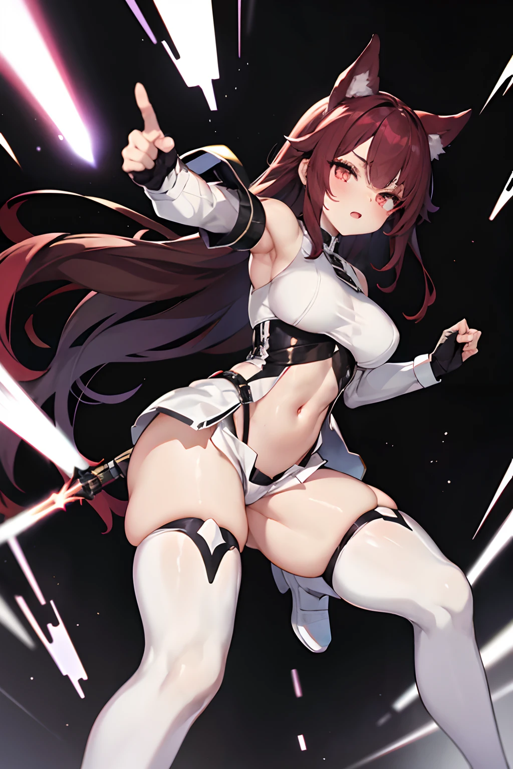 masterpiece, highest quality, (solo focus), (perfect face:1.1), (high detail:1.1),dramatic, 1girl, (pale skin), white eyes, solo, long black and red hair, medium breasts, white luxury suit, shorts and thigh high boots, covered navel, covered cinematic lighting, black background and white explosion, white aura, lightsaber, upper view, fighting stance, close up, white aura, rage