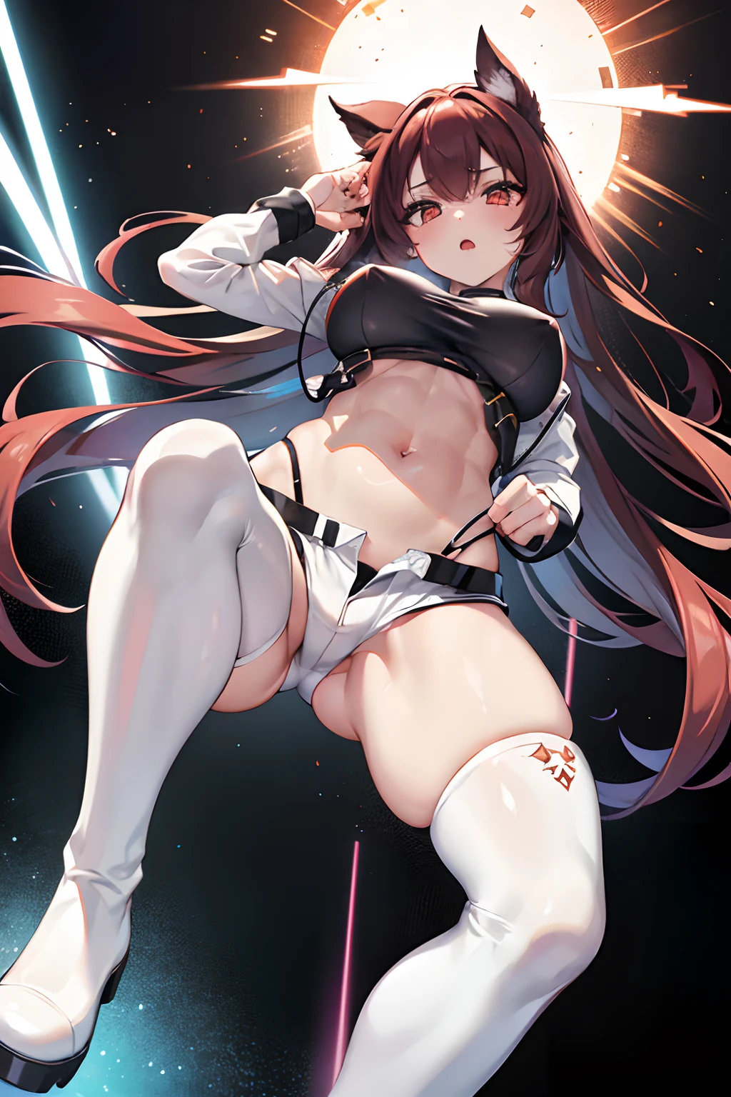 masterpiece, highest quality, (solo focus), (perfect face:1.1), (high detail:1.1),dramatic, 1girl, (pale skin), white eyes, solo, long black and red hair, medium breasts, white luxury suit, shorts and thigh high boots, covered navel, covered cinematic lighting,  black background and white explosion, white aura, lightsaber, upper view, fighting stance, close up, white aura, rage