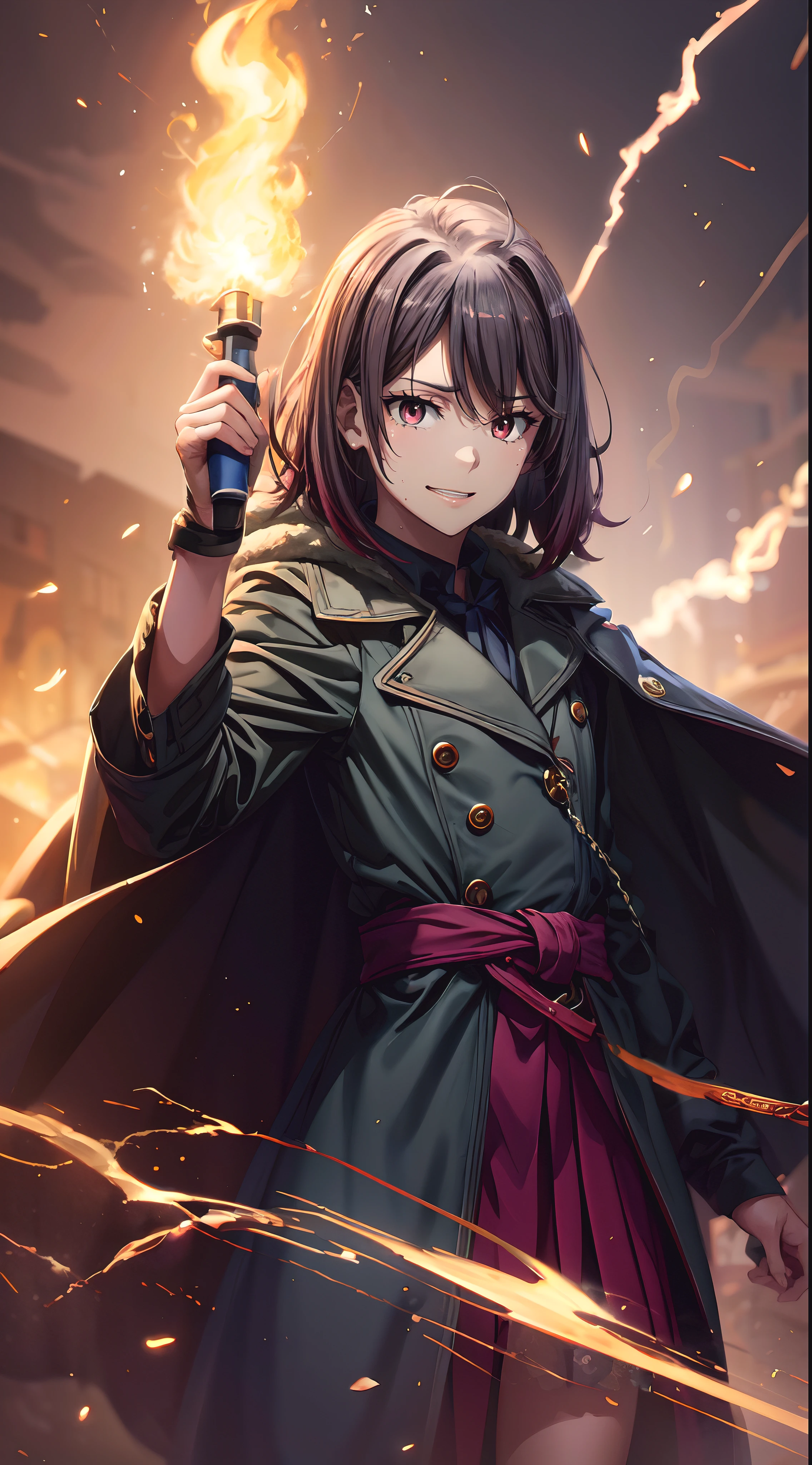 short hair, black hair, yukinoshita haruno, multicolored hair, fire, 1girl, solo, cape, weapon, black_hair, holding, chain, jewelry, standing, lips, magic, looking_at_viewer, closed_mouth, holding_weapon, short_hair, flame, burning, "Photorealistic, Hyperrealistic, Hyperdetailed, analog style, soft lighting, subsurface scattering, realistic, heavy shadow, masterpiece, best quality, ultra realistic, 8k, golden ratio, Intricate, High Detail, film photography, soft focus"