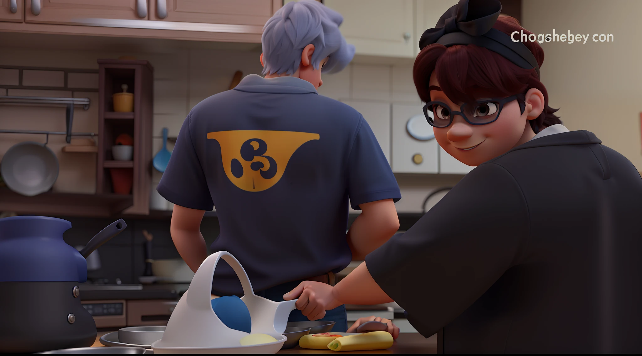 create a PIXAR 3D style, a couple cooking