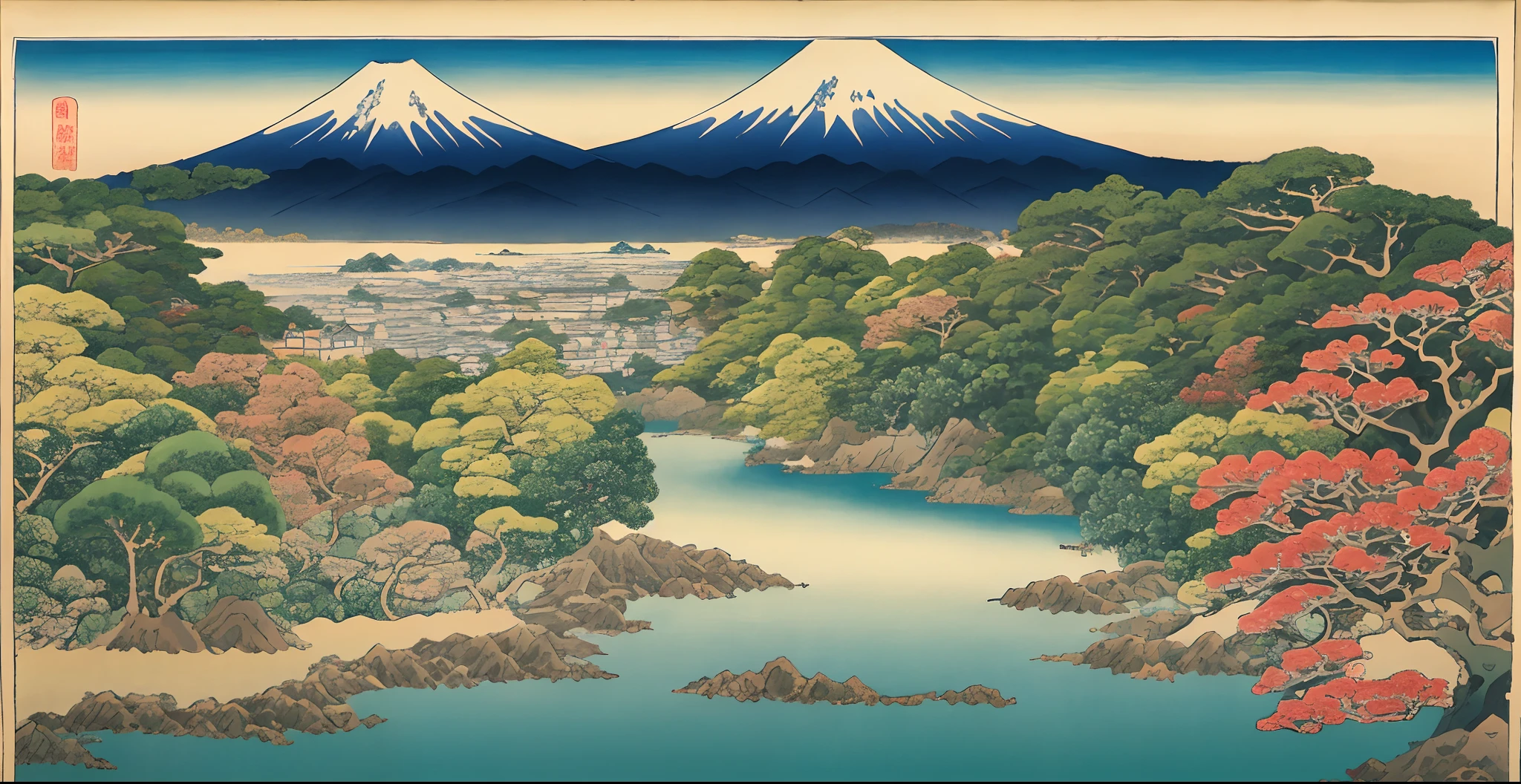 Katsushika Hokusai-style ukiyo-e landscape painting、A seaside town at the end of the Edo period、Tokaido post town、Mt. Fuji can be seen faintly in the distance.、The season is late autumn、Very beautiful ukiyo-e landscape prints