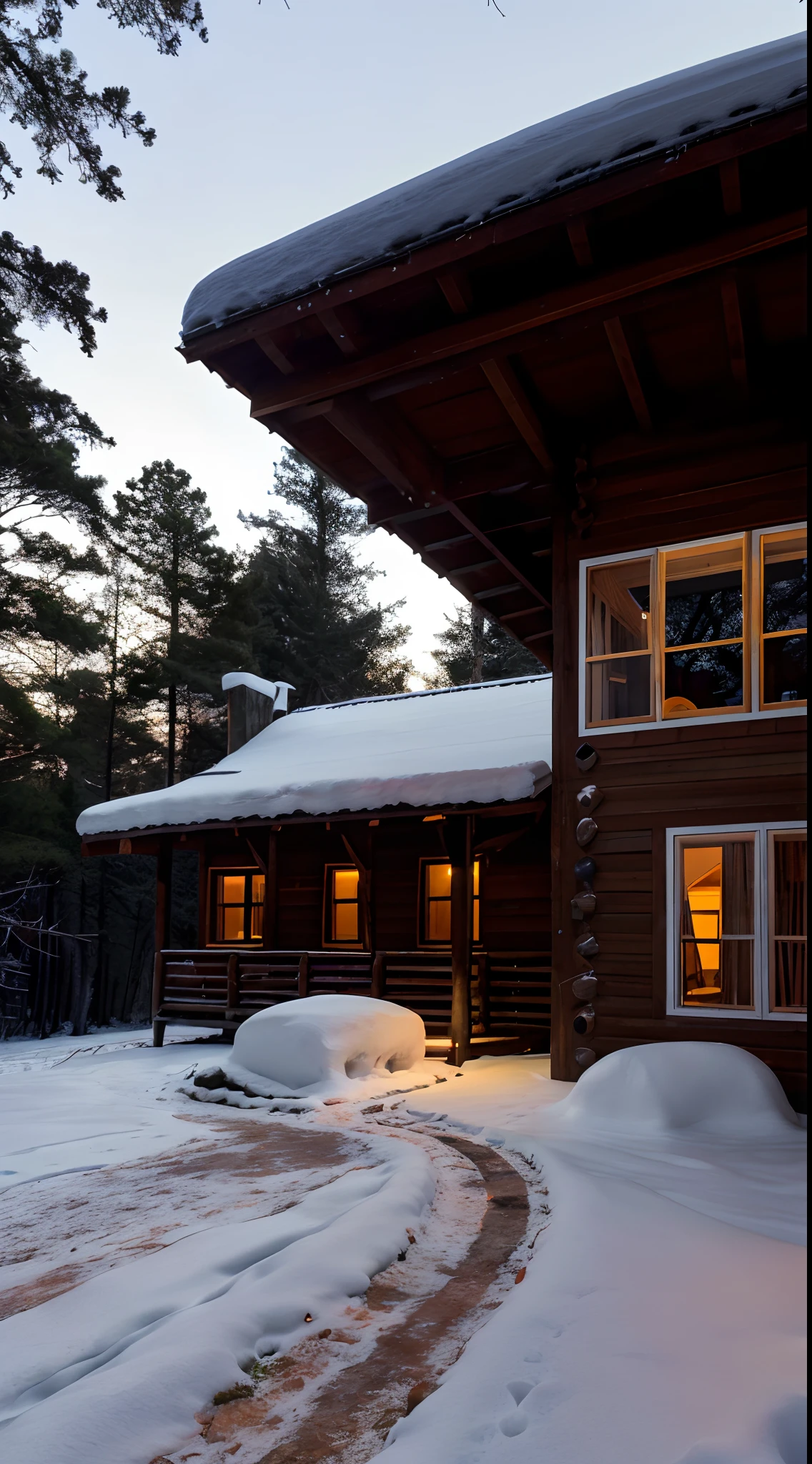 Arafed hut in the forest with snow on the ground, Casa na floresta, Cabana na Mata, Casa de campo na floresta, solitary cottage in the woods, aninhado em uma floresta, Casa de campo na floresta, in a snowy forest setting, Casa na Madeira, A pequena casa na floresta, A casa na floresta, Photograph of a sunset over a lake with birds and trees (good composition), (em moldura), centralizado, 8k, 4k, detalhado, atraente, bonito, impressionante, fotorrealista, realista, cinematic  composition, volumeric lighting, high-resolution, vivid, detalhado, deslumbrante, profissional, realista, clear, Impeccable, DSLR, 4k, 8k, 16k, 1024, 2048, 4096, detalhado, clear, de melhor qualidade, de alta qualidade, highres, absurdres