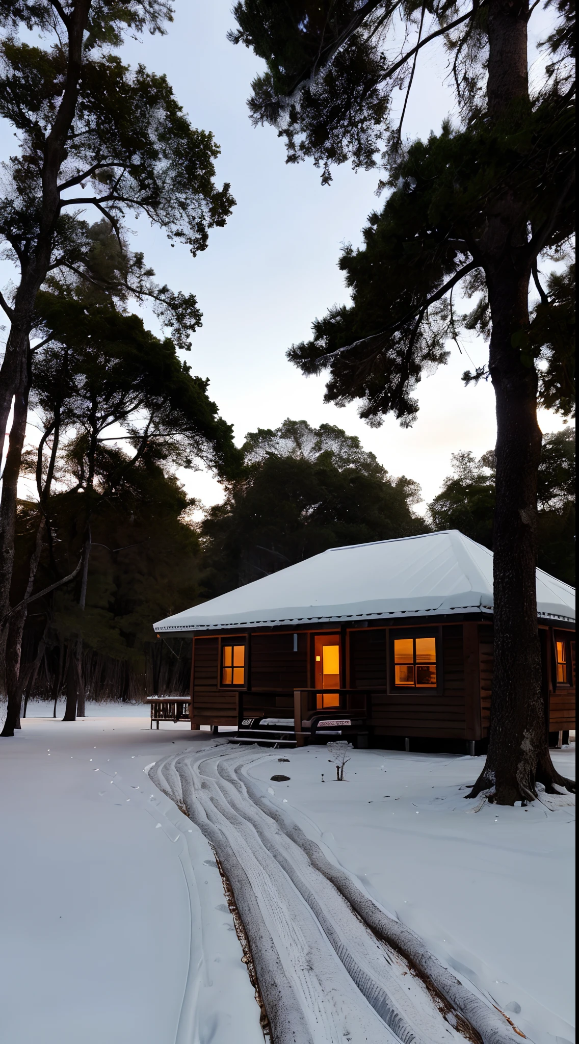 Arafed hut in the forest with snow on the ground, Casa na floresta, Cabana na Mata, Casa de campo na floresta, solitary cottage in the woods, aninhado em uma floresta, Casa de campo na floresta, in a snowy forest setting, Casa na Madeira, A pequena casa na floresta, A casa na floresta, Photograph of a sunset over a lake with birds and trees (good composition), (em moldura), centralizado, 8k, 4k, detalhado, atraente, bonito, impressionante, fotorrealista, realista, cinematic  composition, volumeric lighting, high-resolution, vivid, detalhado, deslumbrante, profissional, realista, clear, Impeccable, DSLR, 4k, 8k, 16k, 1024, 2048, 4096, detalhado, clear, de melhor qualidade, de alta qualidade, highres, absurdres