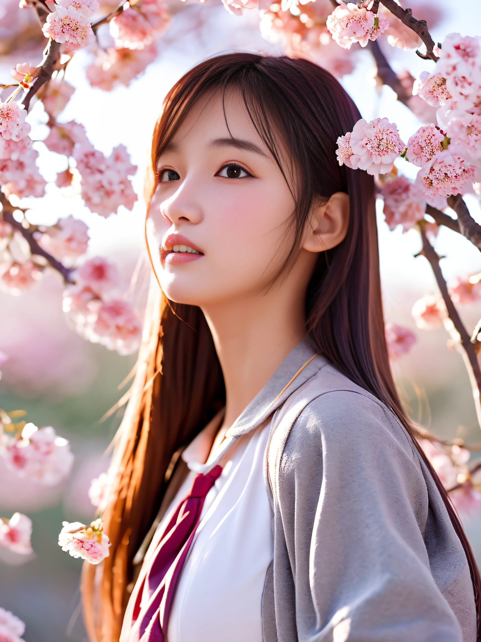 A beautiful 20-year-old Korean girl with (best quality:1.2) detailed description, wearing Japanese schoolgirl uniform and black lingerie, surrounded by falling cherry blossoms, medium:illustration,ultra-detailed,realistic,portrait,soft lighting,airy color palette,subtle shadows