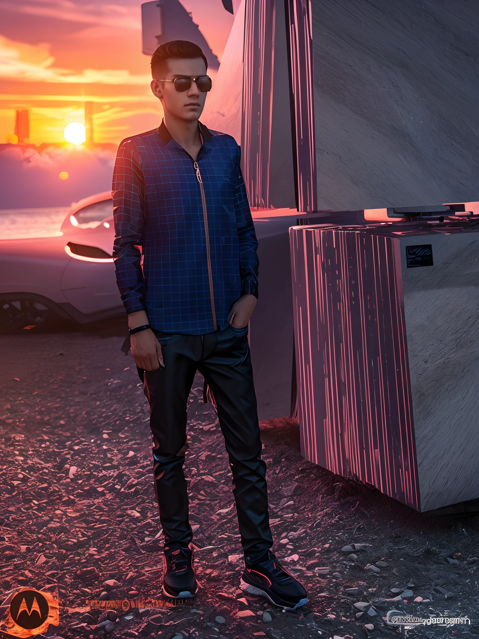 Cyber punk handsome boy, Beautiful sunset background with ultra realistic face, 8k, Natural Face