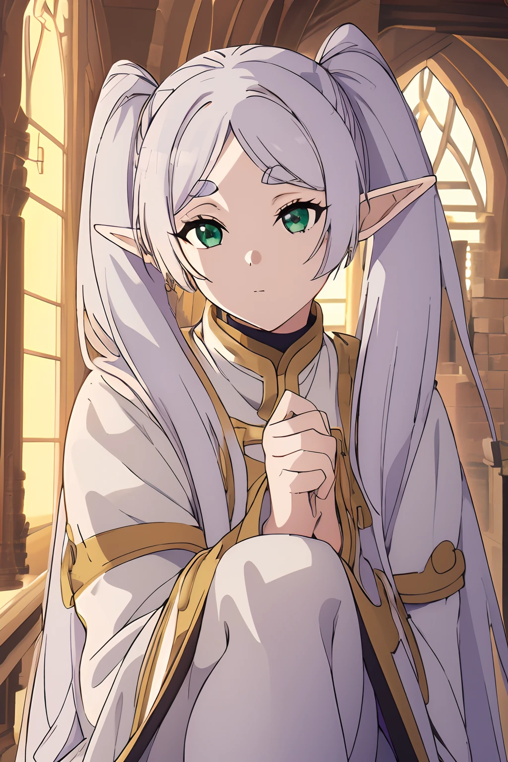 An elf girl,Twin tails with gray hair、White robes and skirts、Black tights、Brown boots,Green eyes,Parted bangs,Thick eyebrows,Beautiful Finger,Beautiful character design, Official art,Highly detailed CG Unity 8K wallpaper, Perfect Lighting,Colorful, Bright_front_Face_Lighting,Shiny skin, (masutepiece:1.0),(best_quality:1.0), 超A high resolution,4K,Ultra-detailed, Photography, 8K, nffsw, hight resolution, Lens Flare, (Beautiful_Face:1.5),(narrow_waist), hight resolution,masutepiece,Best Quality, Holding a magician's wand in his hand、Medieval cityscape