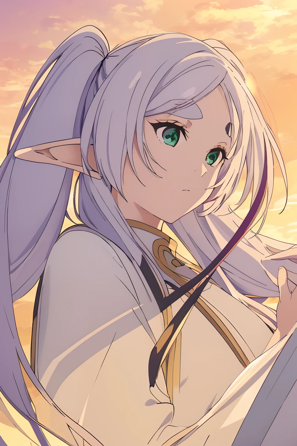 èèè®,1 Elf Girl,Twin tails with gray hair、White robes and skirts、Black tights、Brown boots,Green eyes,Parted bangs,Thick eyebrows,Beautiful Finger,Beautiful character design, Official art,Highly detailed CG Unity 8K wallpaper, Perfect Lighting,Colorful, Bright_front_Face_Lighting,Shiny skin, (masutepiece:1.0),(best_quality:1.0), 超A high resolution,4K,Ultra-detailed, Photography, 8K, nffsw, hight resolution, Lens Flare, (Beautiful_Face:1.5),(narrow_waist), hight resolution,masutepiece,Best Quality, Holding a magician's wand in his hand、Medieval cityscape
