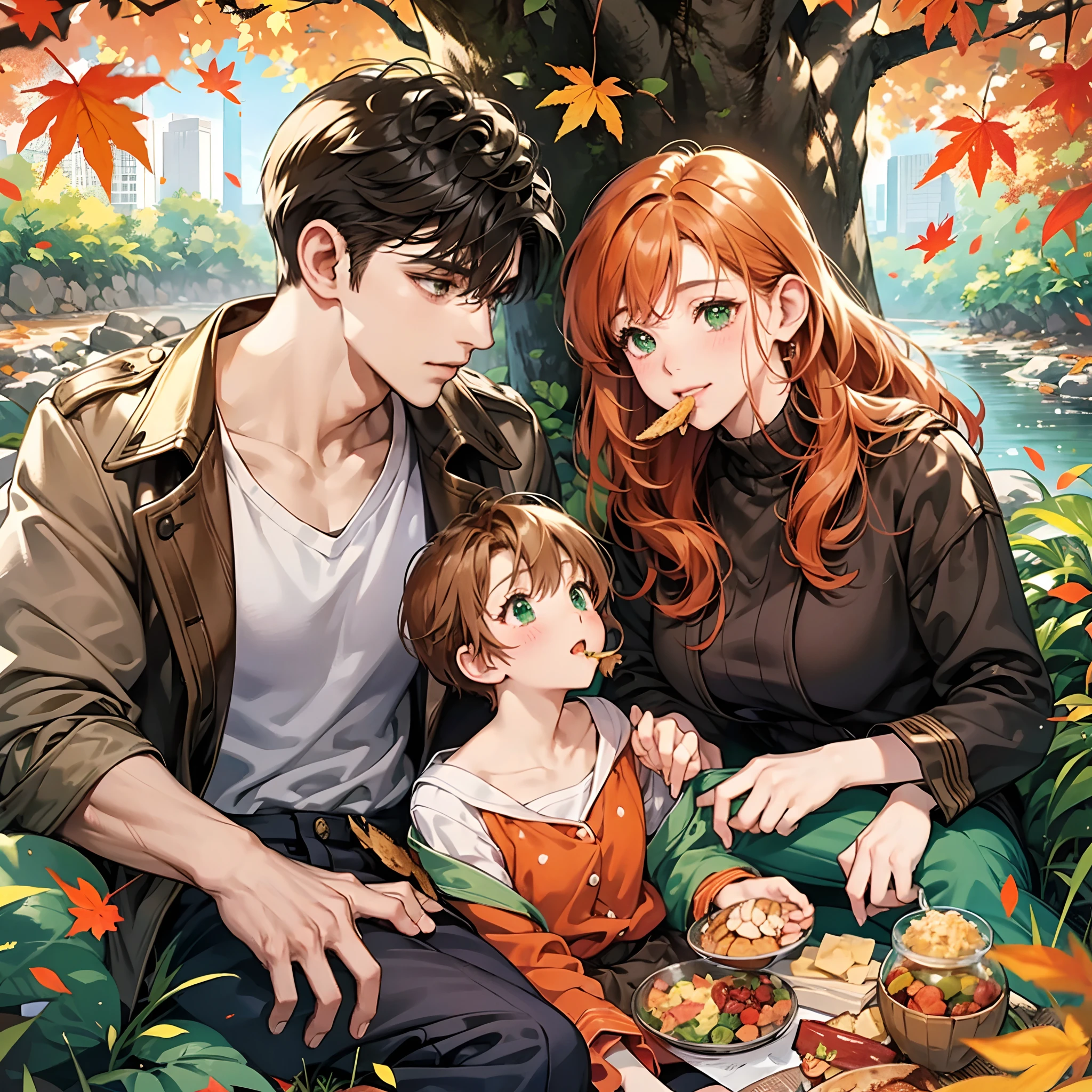 Romantic picnic at a riverbank in autumn. Orange leafs are falling down into two characters. One is a cute ginger haired with green eyes anime girl, the other is a cute brown short haired with brown eyes anime man. They are feeding each other food. The man puts food in the mouth of the woman. The woman is happy and blushing.