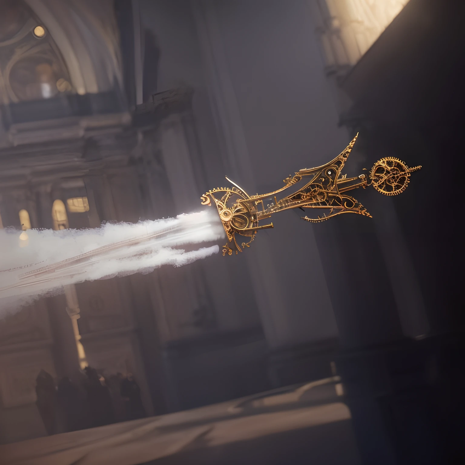 (extremely detailed and realistic CG, masterpiece, best quality, ultra-detailed), steampunk, Sao Paulo Metropolitan Cathedral, (best illumination, best shadow, an extremely delicate and beautiful), dynamic angle, cinematic atmosphere, ornate metalwork, gears, clockwork, smoke, steam, period costume, vibrant colors.