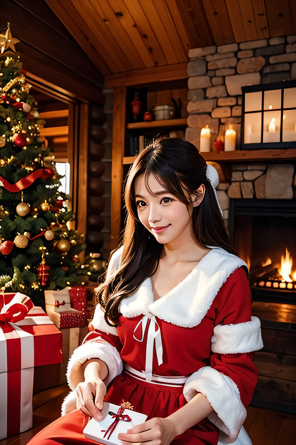 (realisitic、Photorealsitic:1.37)、(8K、Raw photography、top-quality、masterpiece:1.2)、Very cute woman、ultra-detailliert、Heart-shaped pupil、physically-based renderingt、超A high resolution、Kodak Vision Color、Captured with an Arricam LT camera、bokeh dof、foco nítido、(((Correct anatomy:1.2)))、A girl sitting on the sofa in the living room,(wearing Santa Claus costume),nose blush,night,(beautiful Christmas decoration room),(heater),(detailed:1.8)Christmas tree,(cute pose),(ultra-detailed),(high resolution),(extremely detailed CG)