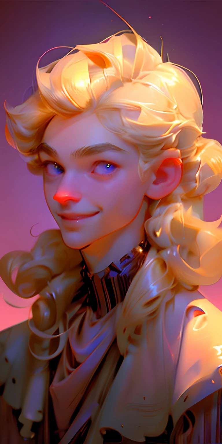 1boy, healthy complexion, witty, pretty, Greek, purple eyes, grinning, smug, chuckling, aristocratic, blond slightly wavy with curls hair, low ponytail, physician