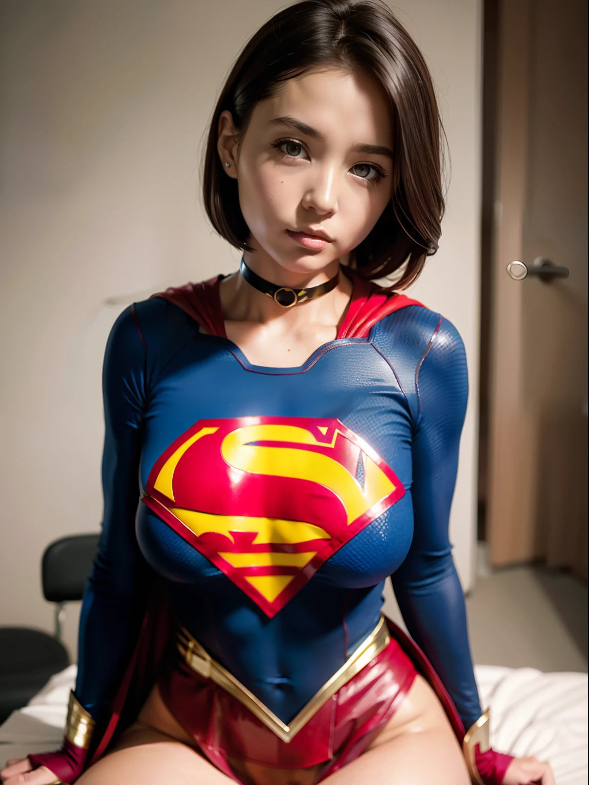 ​masterpiece,Supergirl Costume, short-hair, bare-legged, large full breasts,surgery room、Operating table、straddle、depraved、shiny、Looking at the camera、seduces、a choker、Skirt twisting