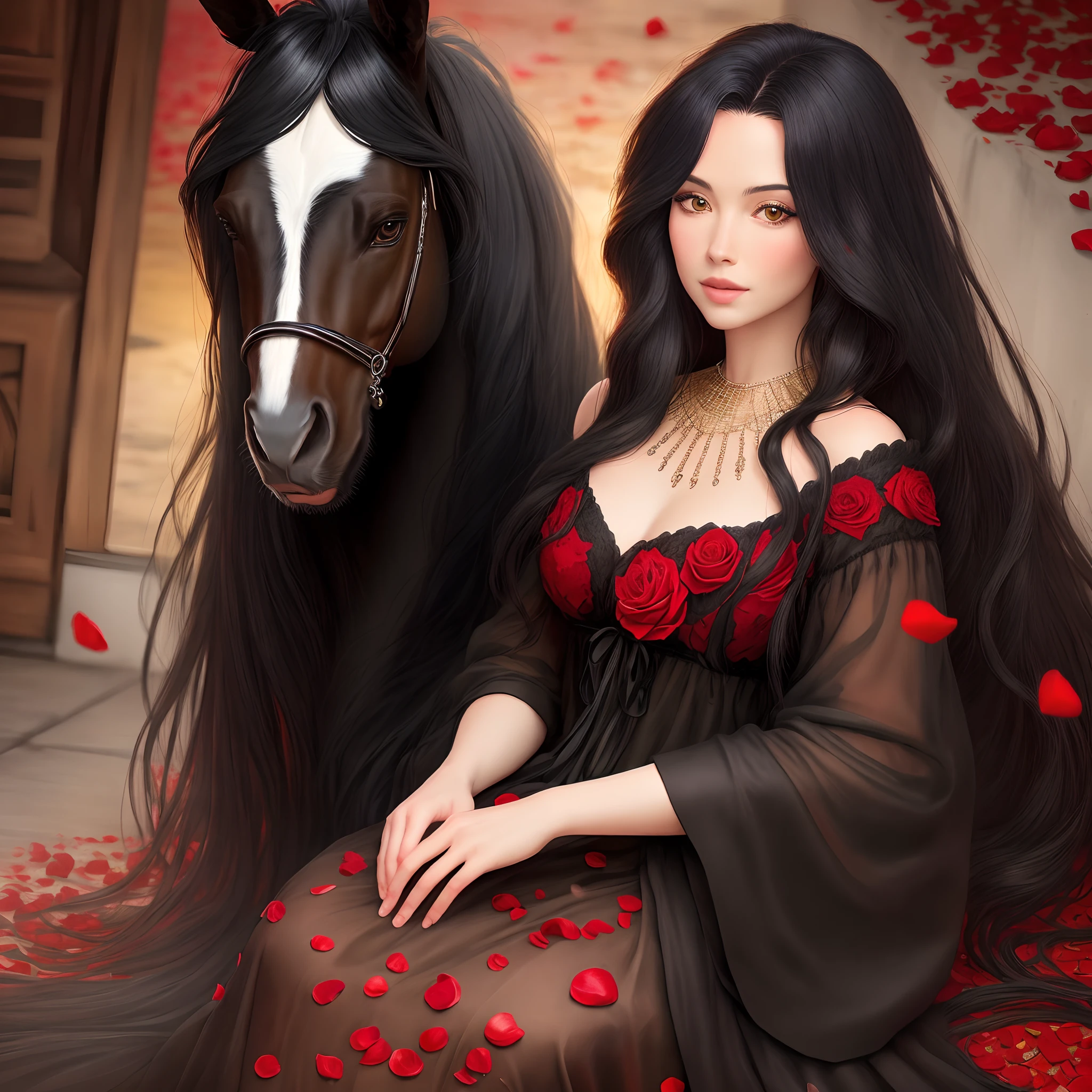 The whole background is red rose petals, a black gypsy horse with red roses in its long mane. Realism