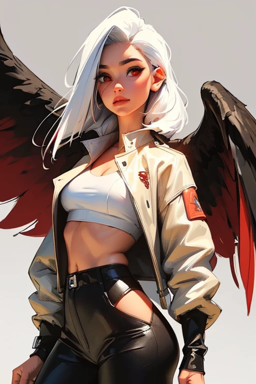 (La mejor calidad,4k,8k,Altas Resoluciones,Obra maestra:1.2),Ultra detallado, 1 girl with white hair, phoenix wings and leather clothes with punk style, red eyes