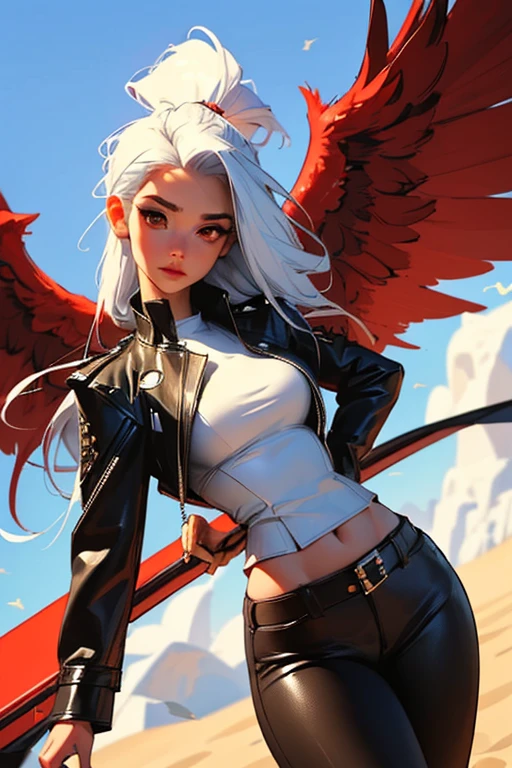 (La mejor calidad,4k,8k,Altas Resoluciones,Obra maestra:1.2),Ultra detallado, 1 girl with white hair, phoenix wings and leather clothes with punk style, red eyes