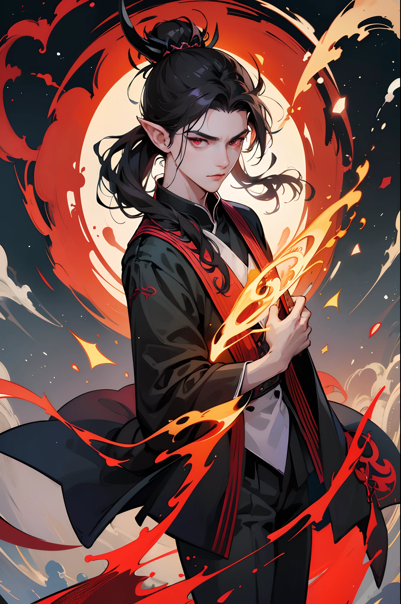 ((The male)),tmasterpiece, best qualtiy, ultra - detailed, absurderes, rich colourful, mtu, 独奏, (solid red eyes:1.0), (Low ponytail, curlies), Fine eyes, largeeyes, eyeslashes, (The upper part of the body:0.8),Hellboy,Wielding a long knife, glowing light eyes, Tilted head, natta, In black suit, pointy ears, terror, darkly, with black background, looking at viewert, tiara crown, hight contrast, The light from the back window is backlighted, (standing on your feet:0.8), The halo, fractals background, chaos, spirals, devil horns, energy, a mosaic, hell, 4 k comic wallpaper, young anime man, Anime boys, Anime wallpapers 4 k, Anime wallpaper 4K, High quality anime art style, Anime moe art style, Anime art wallpaper 8 K, Anime art wallpaper 4 K, RGB lighting,Masterpiece, Best quality, High quality, Anatomically correct,High details, Super detail, 1080p, hyper HD,