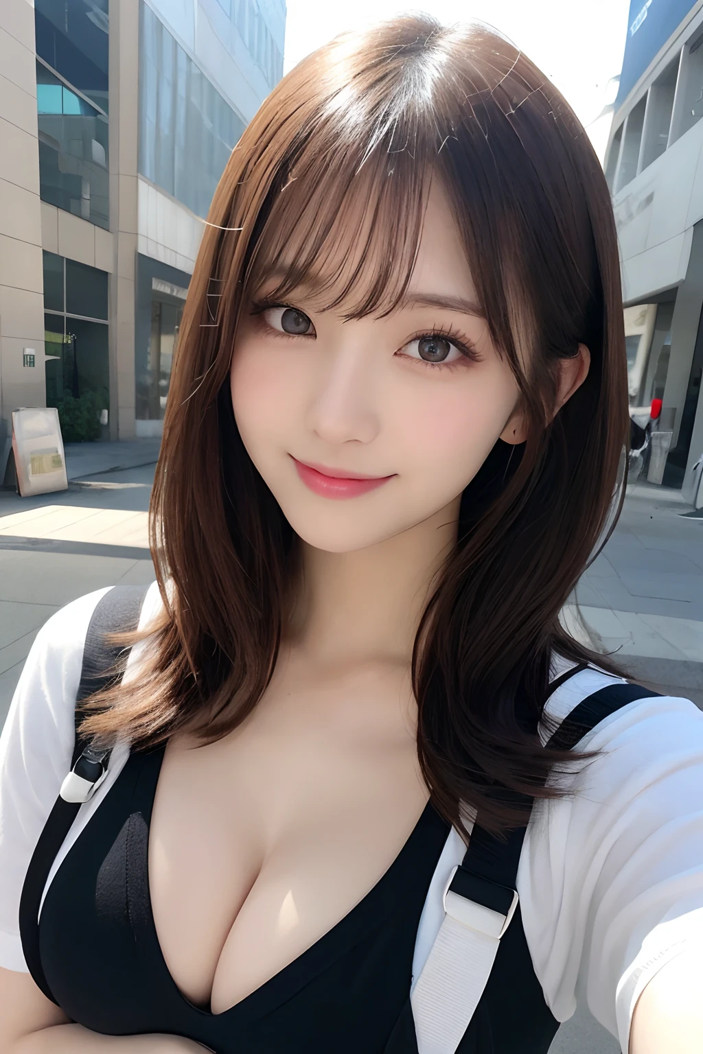 masutepiece, Best Quality, Illustration, Ultra-detailed, finely detail, hight resolution, 8K Wallpaper, Perfect dynamic composition, Beautiful detailed eyes, doress,Medium Hair, ,large full breasts, Natural Color Lip, Random and sexy poses,Smile,TOKYOcty、20 years girl,Cute,full bodyesbian、
