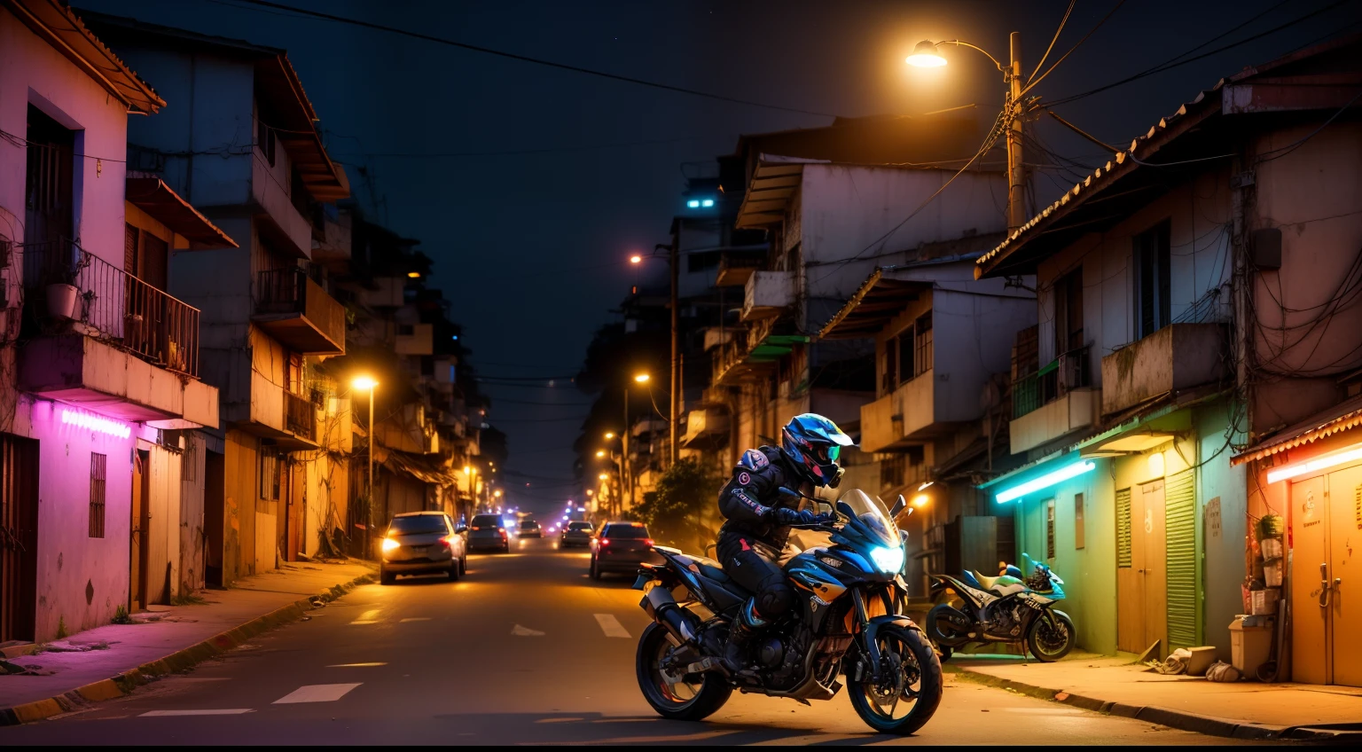 favela, noite, arestas neon, noite, pessoas, motos, 4k