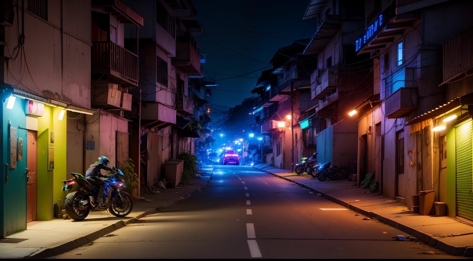 favela, noite, arestas neon, noite, pessoas, motos, 4k
