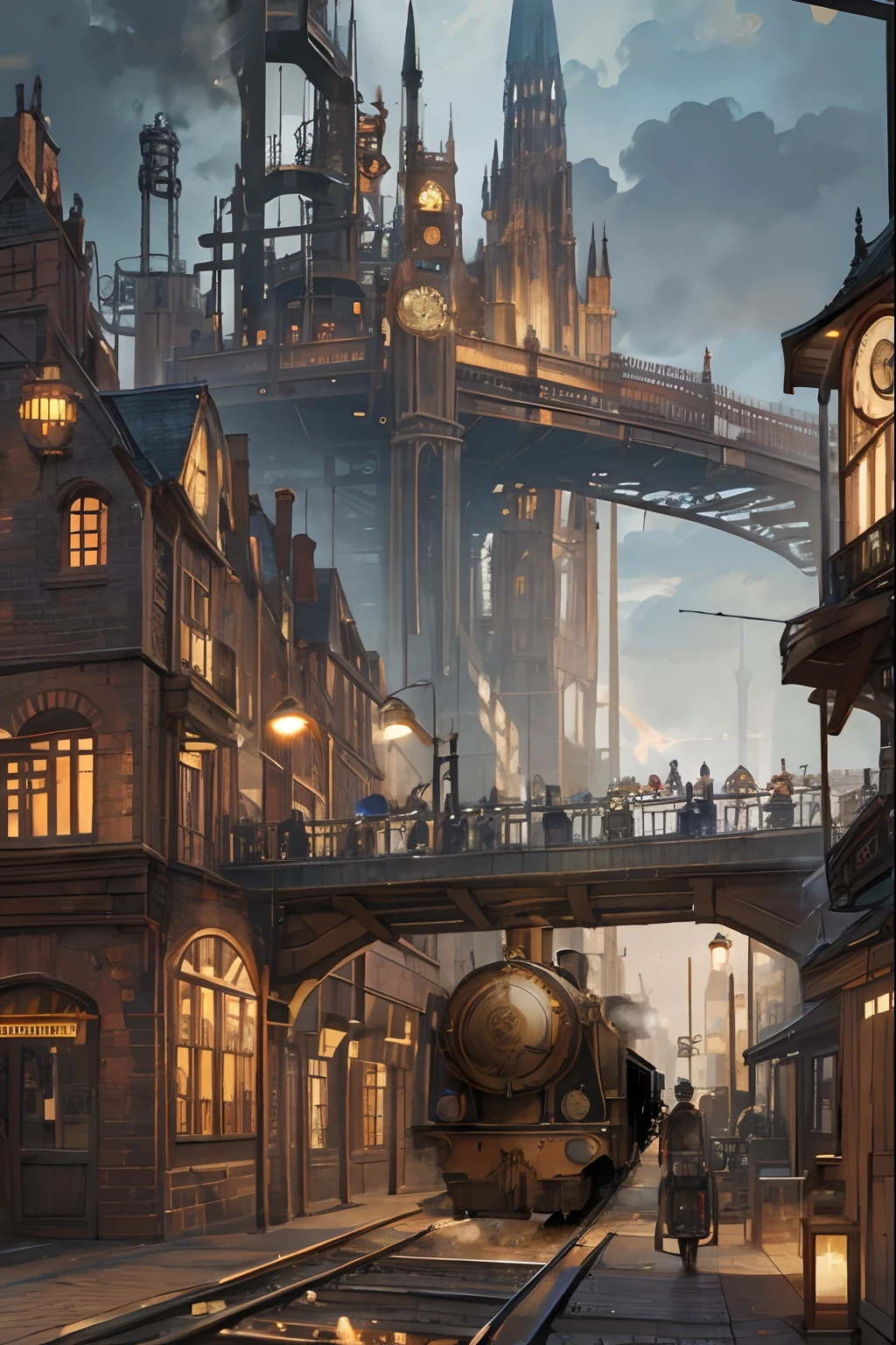 Create an illustration featuring a nostalgic steampunk-themed scene, with a series of interconnected steampunk buildings. Among these structures, there is a train weaving its way through the maze of steampunk architecture. The train should be intricately designed with gears, cogs, and other steampunk elements, emitting steam as it moves. The buildings should showcase a blend of Victorian aesthetics and futuristic steam-powered technology. The atmosphere should be rich in nostalgia, capturing the essence of a bygone era while embracing the creativity and innovation of steampunk design