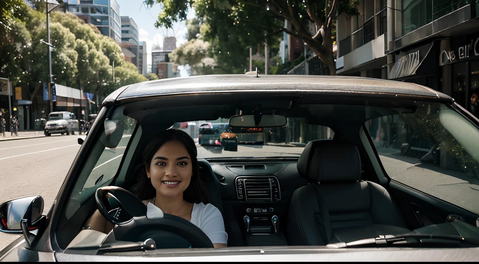 a hyper realistic photography of a car driving in Melbourne, no people, Nikon D850 DSLR 4k camera, 100mm lens, F 1.2 aperture setting, bright and natural lighting, vibrant, fun and relaxing atmosphere