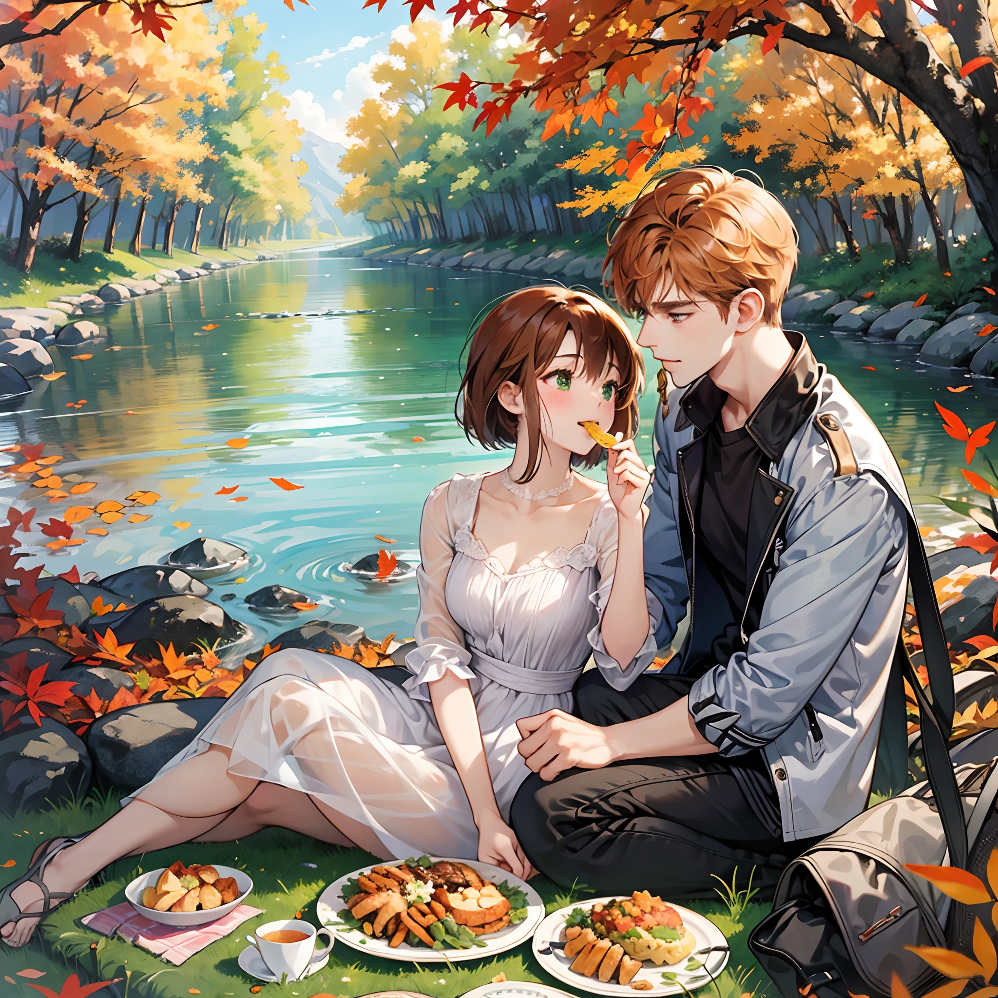 Romantic picnic at a riverbank in autumn. Orange leafs are falling down into two characters. One is a cute ginger haired with green eyes anime girl, the other is a cute brown short haired with brown eyes anime man. They are feeding each other food. The man puts food in the mouth of the woman. The woman is happy and blushing.