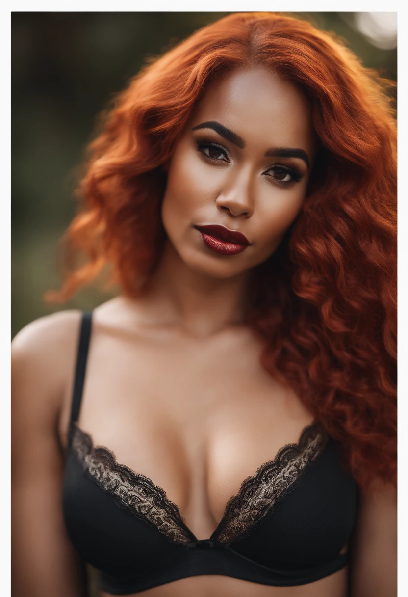 beautiful black and irish gorgeous instagram model, caramel skin, wearing lingerie and vibrant red hair