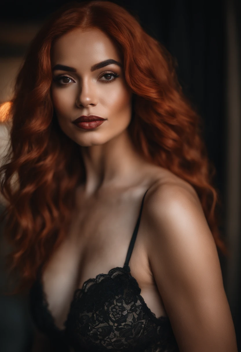 beautiful black and irish gorgeous instagram model, caramel skin, wearing lingerie and vibrant red hair