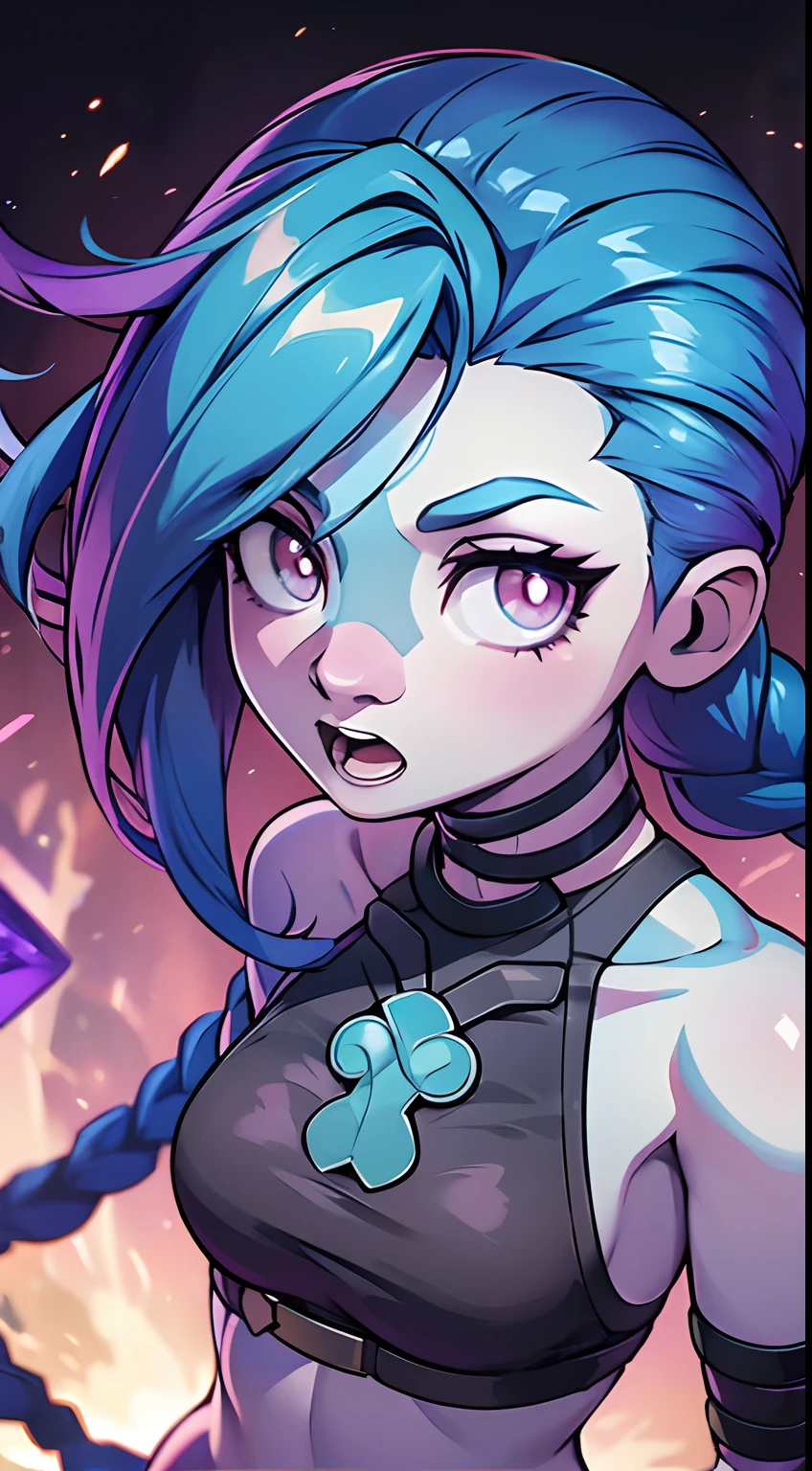 Jinx, league of legends, anime, melhor qualidade, curvas perfeitas, textura de pele, qualidade de sombras, Volumetric lighting, cabelos azuis, olhos vermelhos brilhantes, seios pequenos, HDR, acariciando o rosto