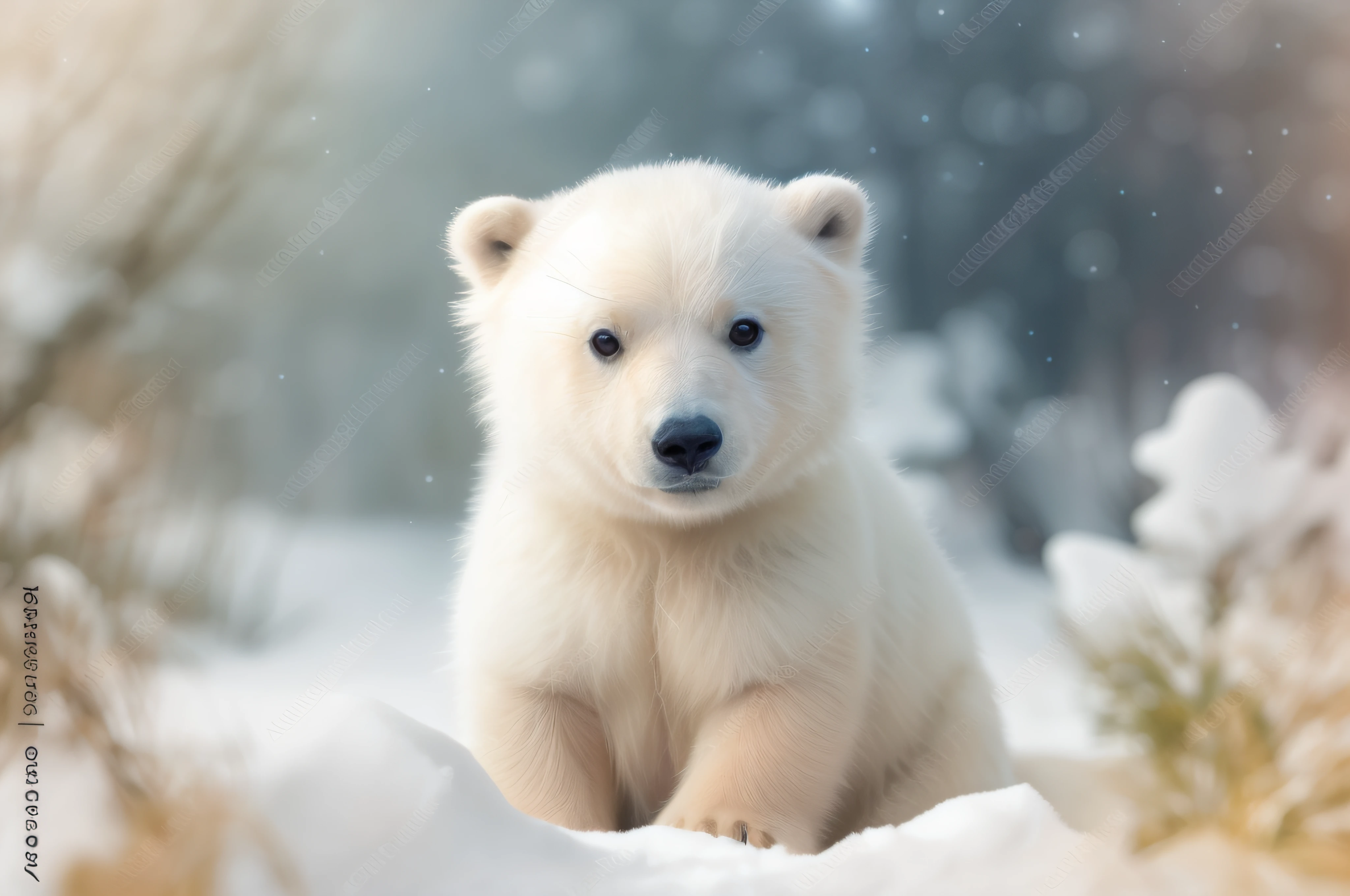 there is a polar bear cub sitting in the snow, portrait of a polar bear, polar bear, closeup of an adorable, cute animal, miniature bear, fotografia, best on adobe stock, polar, with white fluffy fur, beautiful and cute, winter time, beautiful cute, adorable digital painting, polar bear in the far background, photo of a beautiful, bear