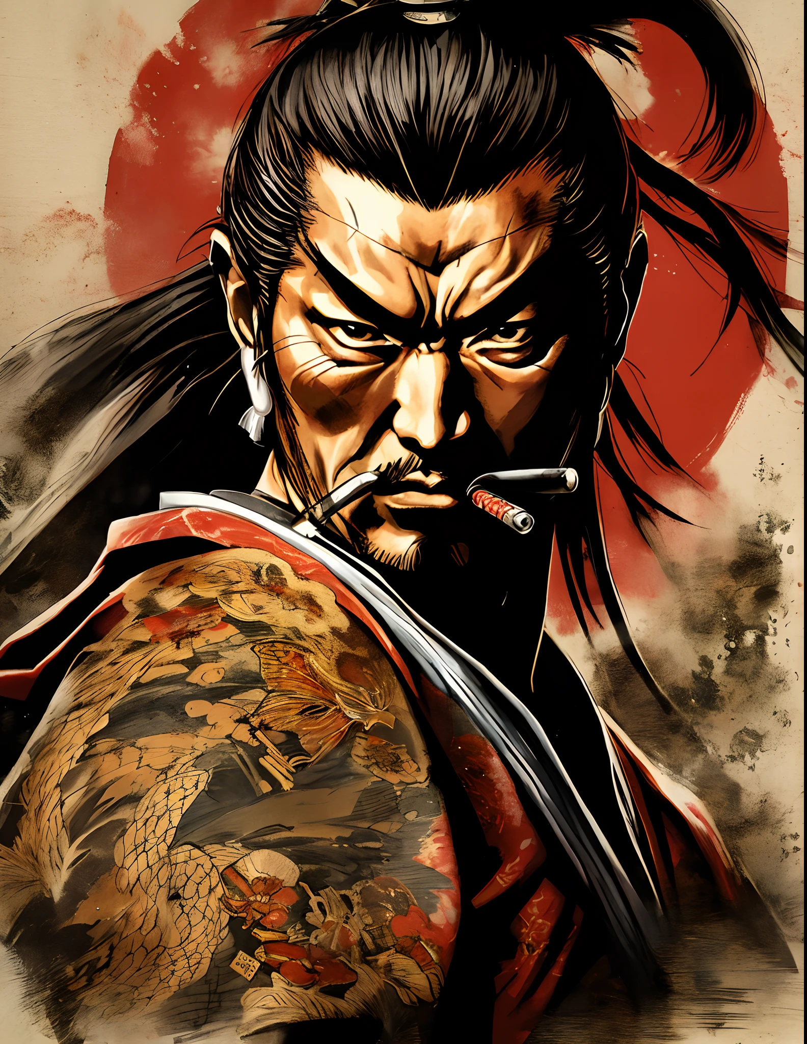 homem com tatuagens no peito, Yakuza, tatuagem Yakuza no corpo, by Kanō Tan'yū, Shohei Otomo, Retrato de um Samurai, feudal japan art, Shikanosuke Yagaki, Arte Jiro Matsumoto, Retrato de um guerreiro Samurai, japanese warrior, Takehiko Inoue, Samurai