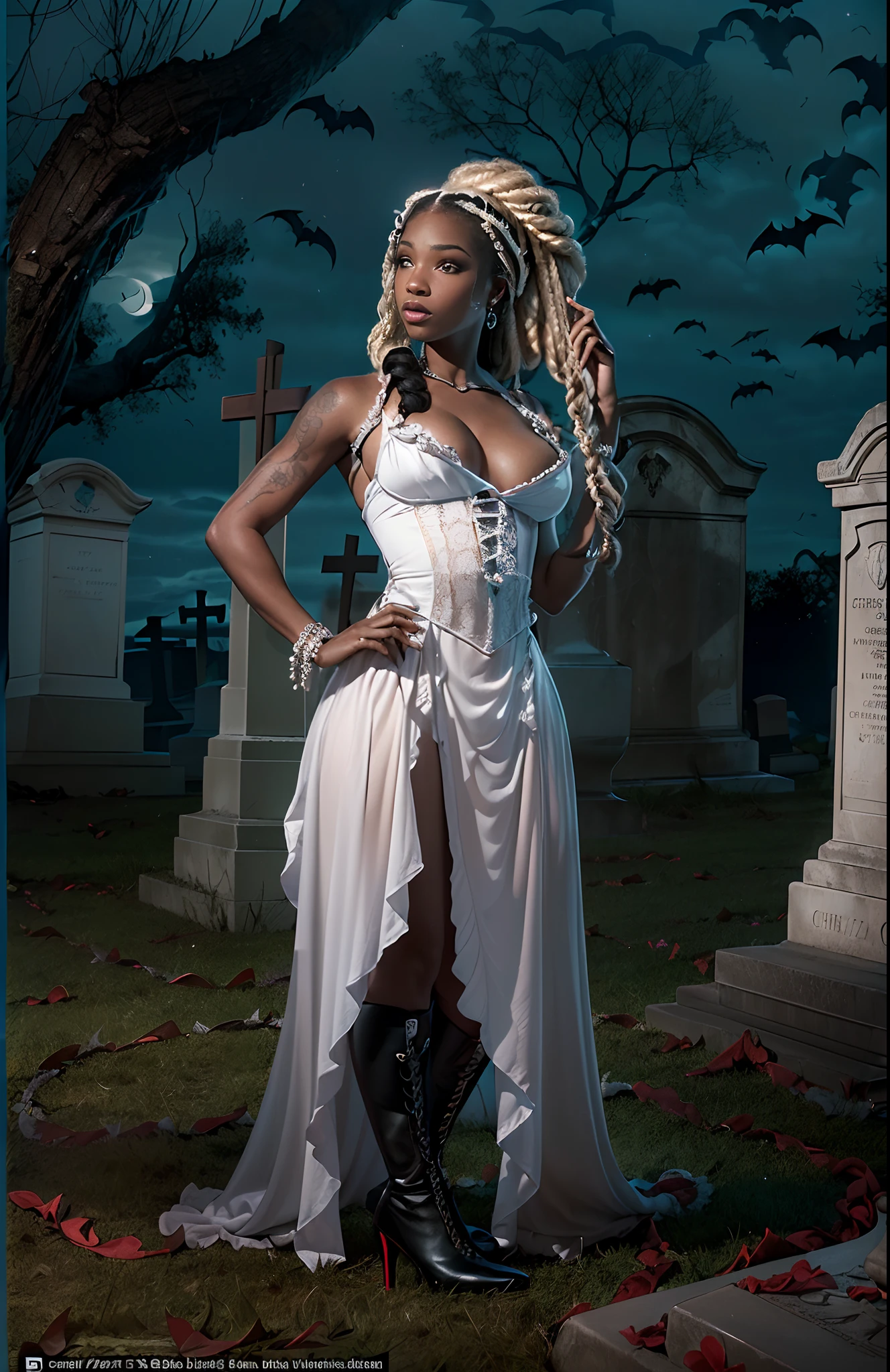 ((29-year-old))) black girl, (((light skin))), (((vampire))), (((New Orleans cemetary, early 20th century night time during mardi grad))), (((bats flying around))), dusk, (((close-up full body pose))), (((long white braided hair))), high heel boots, (((wearing period clothing))), dark fantasy art, Rich, Deep Colours, (intricate details:0.9), (HDR, hyper-detailing:1.2), (natural skin textures, hyper realisitc, soft light, Sharp),