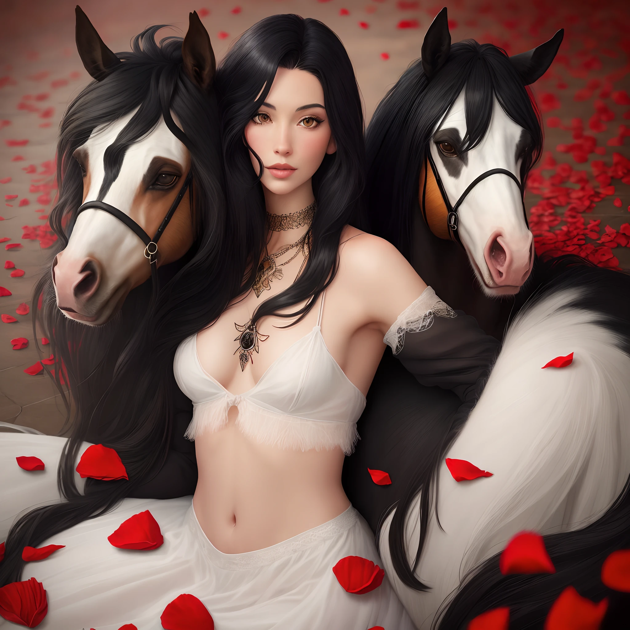 The whole background is red rose petals, a black gypsy horse with red roses in its long mane. Realism