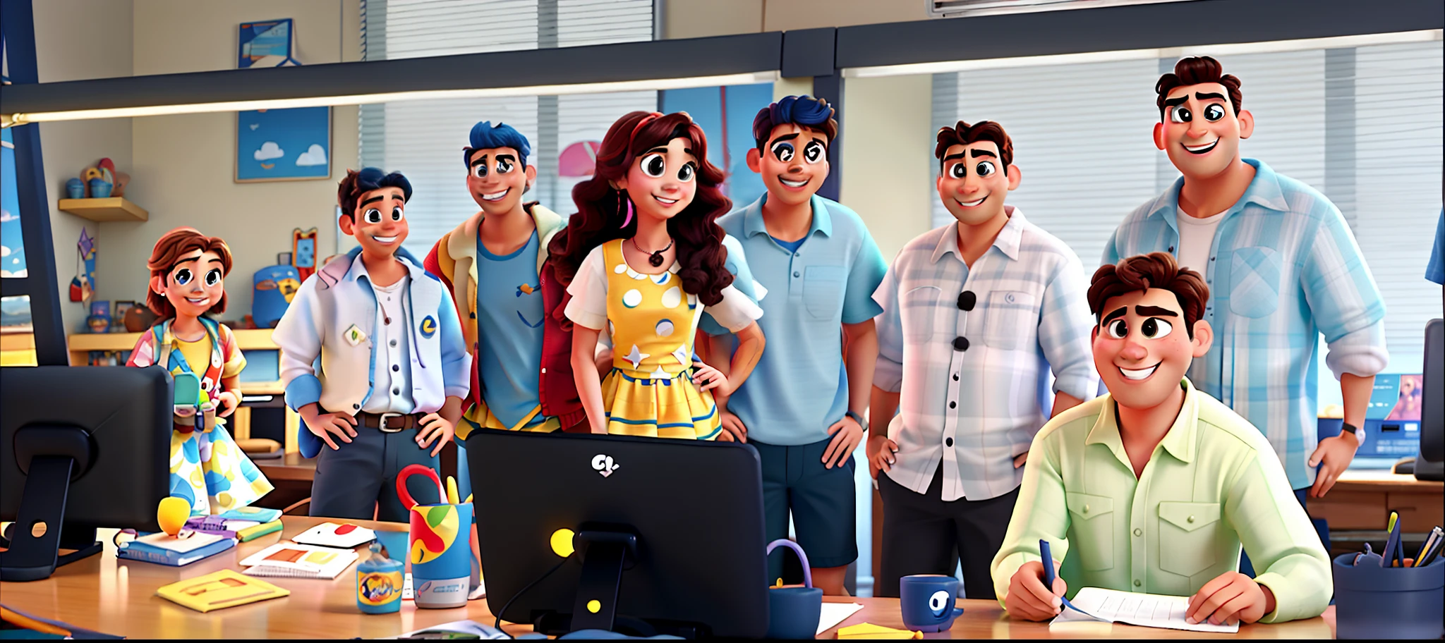 Create a Disney Pixar Style Poster, um grupo de pessoas felizes