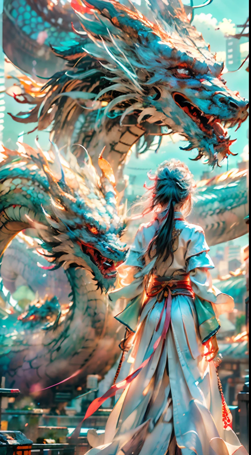 The Chinese White Divine Dragon soared into the air，（Girl manipulates dragons：1.3），（The girl has her back to the camera：1.3），Sky clouds surround the surroundings，Light magic，Fantastic background，Meaning background，Ridiculous background，There are artistic overlays，multicolored hair, surrealism, Cinematic lighting, Ray tracing, god light, speed-line, angle of view, hyper HD, Masterpiece, Best quality, Super detail, A high resolution, High quality，（Far view：1.3）