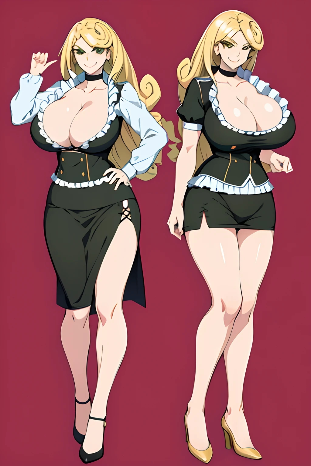 masterpiece, huge tits, circle hair bangs, best quality, sonyablade, 1girl, lizarunecastle, green eyes, black choker, blonde long hair, cleavage, smile, simple background, fullbody, skirt,