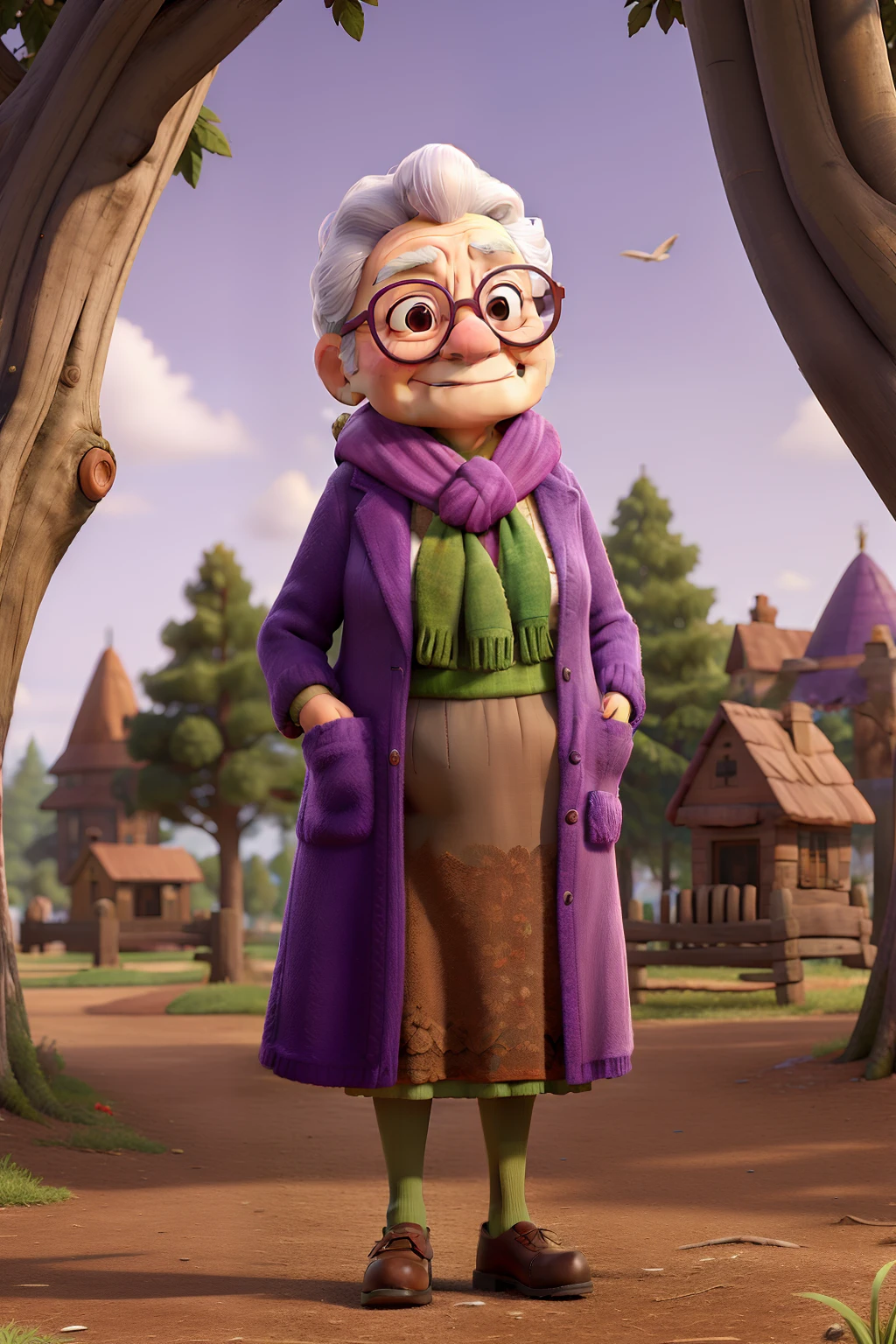 masterpiece, best quality, an old woman with glasses and a scarf on, wearing a purple coat and green scarf, standing at the park