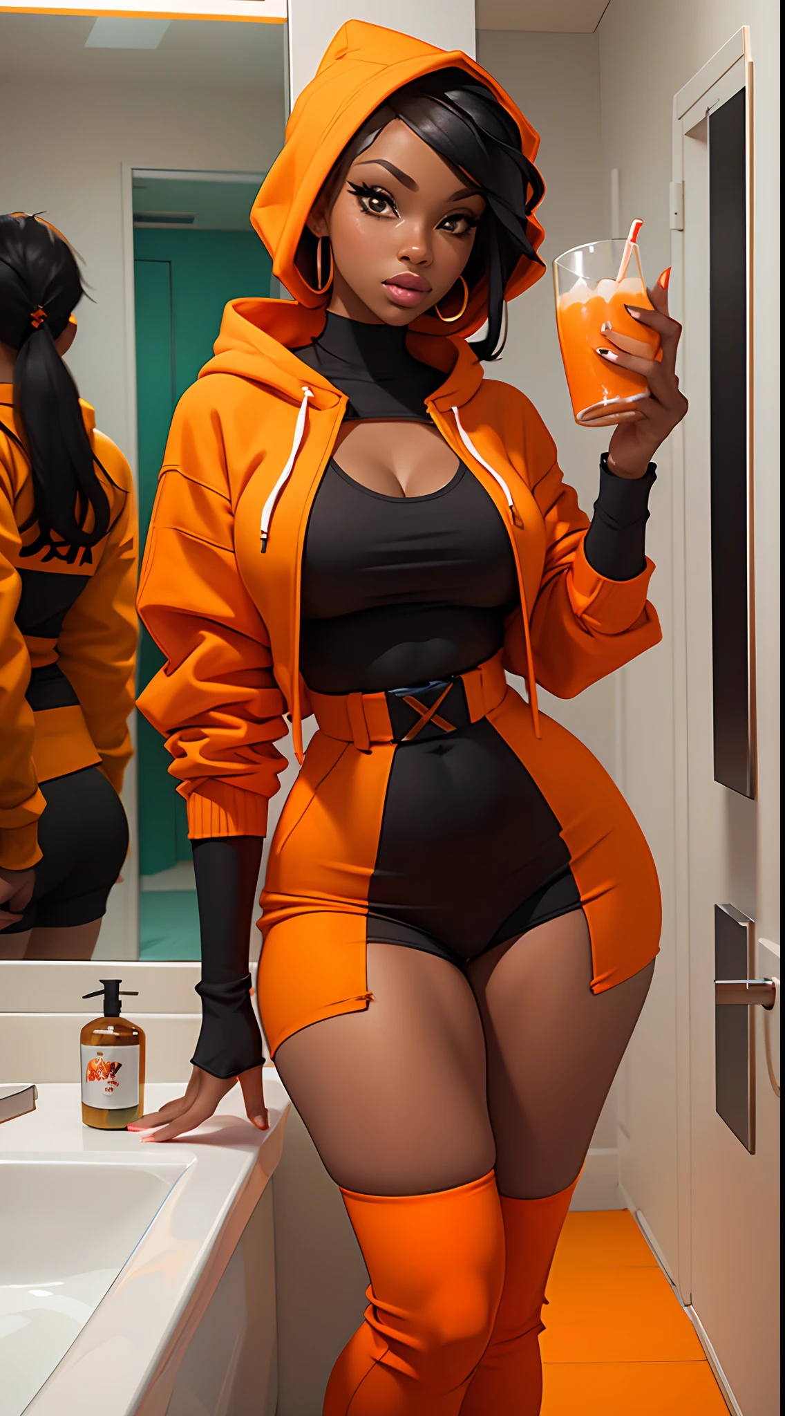 Fashion shoot to sexy model in a bathroom mirror taking a picture of herself, orange and black, tight outfit, thicc, black and orange, orange hoodie, orange jacket, orange and black tones,, curvy sexy , sexy young ebony, slluty , bitch, NY, professional shoot, world famous ebony chick, GAP instructor and blogger, model in onlyfans and Instagram, vibrant orange, she is wearing streetwear, casual pose, orange neon, attractive pose, big booty, tight fit, holding a bottle, jaw dropping beauty, holding a drink
