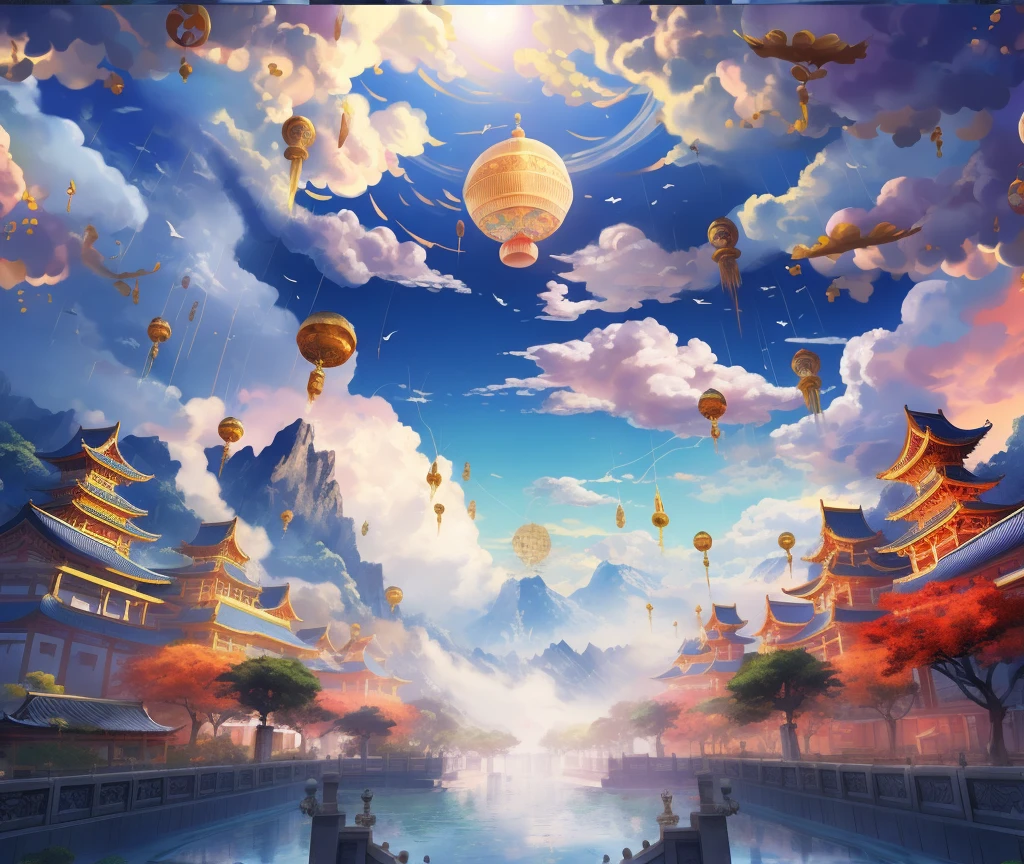 There is a photo of a Chinese landscape，There are a lot of flowers in it, Temple background, Chinese-style windows，A bird in fly，background depicting a temple, digital painting of a pagoda, Chinese watercolor style, palace background, fairy tale style background, palace floating in heaven, Zen temple background, flying cloud castle, A beautiful artwork illustration, jellyfish temple, Japanese art style, scenery art detailed, cyberpunk chinese ancient castle