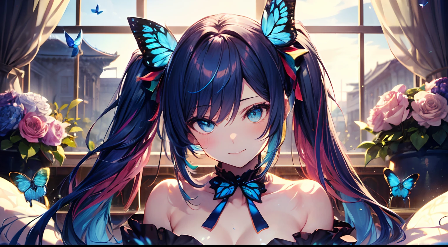 (masutepiece:1.3), (8K, Photorealistic, Raw photo, Best Quality: 1.4), Beautiful face, (Realistic face), Beautiful detailed eyes, (Realistic skin), Attractive, Intricate details,Golden ratio,  1 girl,Naughty smile, (rainbow hair:1.4),((Long twintails,Ribbon 1.4)),Gothic Lolita Fashion,(Blue butterfly hair ornament),off shoulders,cleavage,Dynamic Pose,Dynamic Angle,Intricate details, Hyper realistic, Perfect ???????、only face、A smile、Smiling、Face enhancement、Golden light、rainbows、Heaven、angelicales、Deities、Luz Divina(masutepiece:1.3), (8K, Photorealistic, Raw photo, Best Quality: 1.4), Beautiful face, (Realistic face), Beautiful detailed eyes, (Realistic skin), Attractive, Intricate details,Golden ratio, 1 girl,Naughty smile, (rainbow hair:1.4),((Long twintails,Ribbon 1.4)),（looking-down),Dynamic Angle,ultra-detailliert, illustratio, gros-plan, Straight, One girl, (Fantasia:1.4), (azure eyes:1.233),Her eyes shone like dreamy stars,(radiant eyes:1.233) ,(beautiful and delicate eyes:1.1),((+(Bullhair flower:1.14)),(Chiffon dress,Blue floral pattern on uniform)/=(military outfits:1.24),(no sleeves,Wide sleeves),(Fingerless gloves),a choker,(Miko is not),high-heels,(deadpan,Mouth closure),(Standing), (classical Princess boudoir with dressing tableand french windowin a white ancient palaces),(white blossoms、florals),(abyssal),(flowingwater),(a dull blue world tree:1.14),(Ruins),(natta:1.2 ),Dreamy,Seoul,(fluorescent),(Translucent blue butterfly flight:1.15),[[Delicate fingers and hands:0.55]::0.85],(Fine fingers),(yubao:0.5)