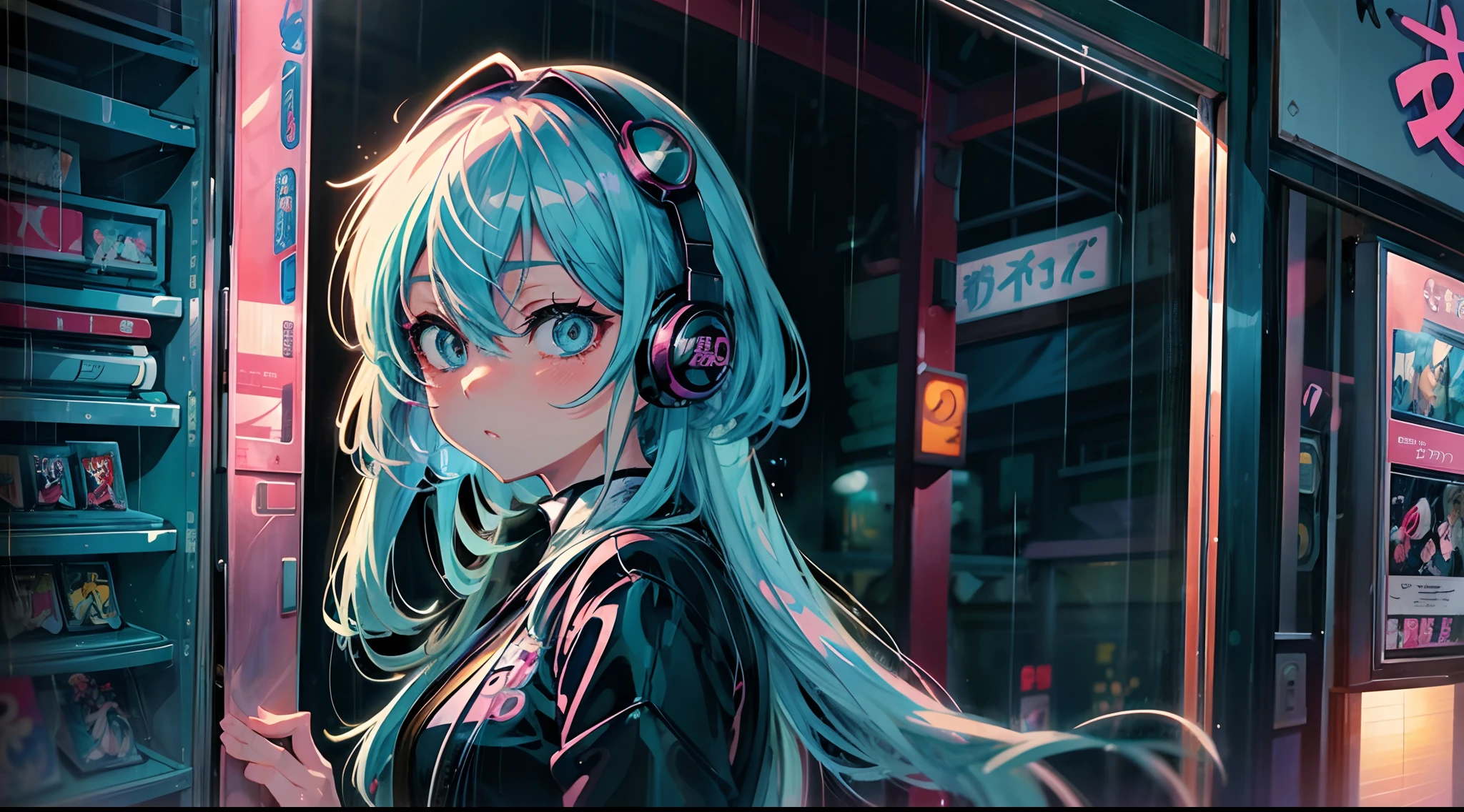 Downtown at night　　very heavy rain　soaked　Mermaid Girl　Beautiful blue eyes　blue hairs　Tsundere　Twilight　Lonely Gweiz's style artwork、Beautiful anime、 Alone　guweiz、Beautiful anime girl、Beautiful anime girl、Anime girl with teal hair、anime styled。8K、Bowater's Art Style、beautiful digital illustrations、beautiful character painting、Stunning Anime Face Portrait Mikudayo, official artwork, lofi-girl, lofi artstyle,, sayori, anime vibes, Anime style mixed with Fujifilm, digital anime illustration, anime wallpaper 4k　Girl with headphones　vending machines