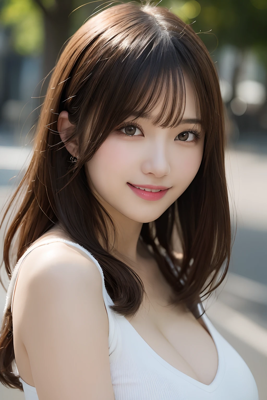 masutepiece, Best Quality, Illustration, Ultra-detailed, finely detail, hight resolution, 8K Wallpaper, Perfect dynamic composition, Beautiful detailed eyes, doress,Medium Hair, ,large full breasts, Natural Color Lip, Random and sexy poses,Smile,TOKYOcty、20 years girl,Cute,full bodyesbian、
