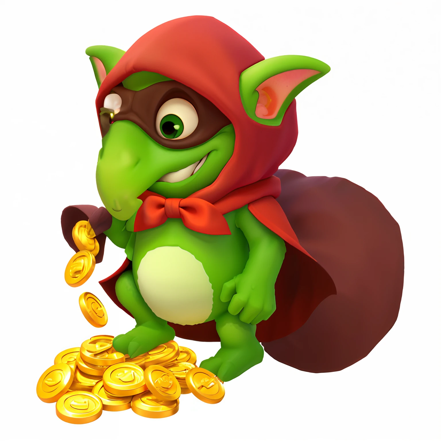 Draped in a red cloak and a bunch of gold coins, drak fantasy goblin, super rich happy pepe, goblin, a goblin pirate, thief red riding hood, goblin art, anthropomorphic turtle hero, With many gold coins, goblin girl dnd character, grogu, Little ghost, isometric 3d fantasy turtle