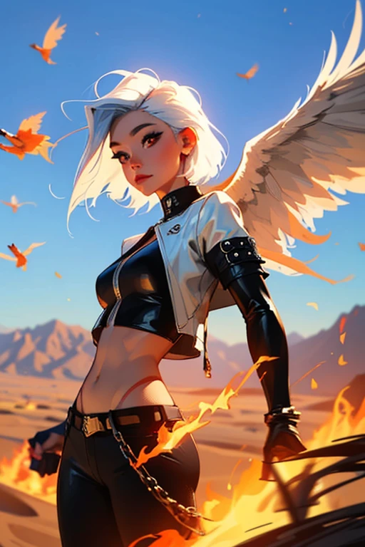 (best quality,4k,8k,High resolution,Masterpiece:1.2),Ultra-detailed,1 girl with white hair, phoenix wings and leather clothes with punk style, red eyes, desert on fire