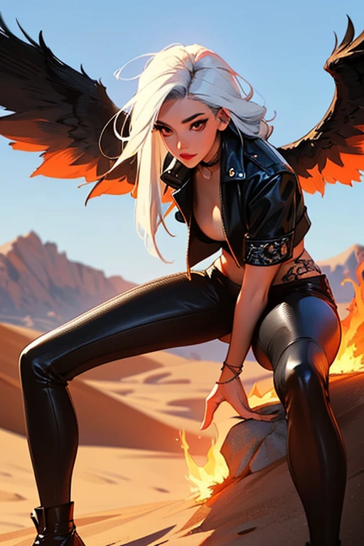 (best quality,4k,8k,High resolution,Masterpiece:1.2),Ultra-detailed,1 girl with white hair, phoenix wings and leather clothes with punk style, red eyes, desert on fire