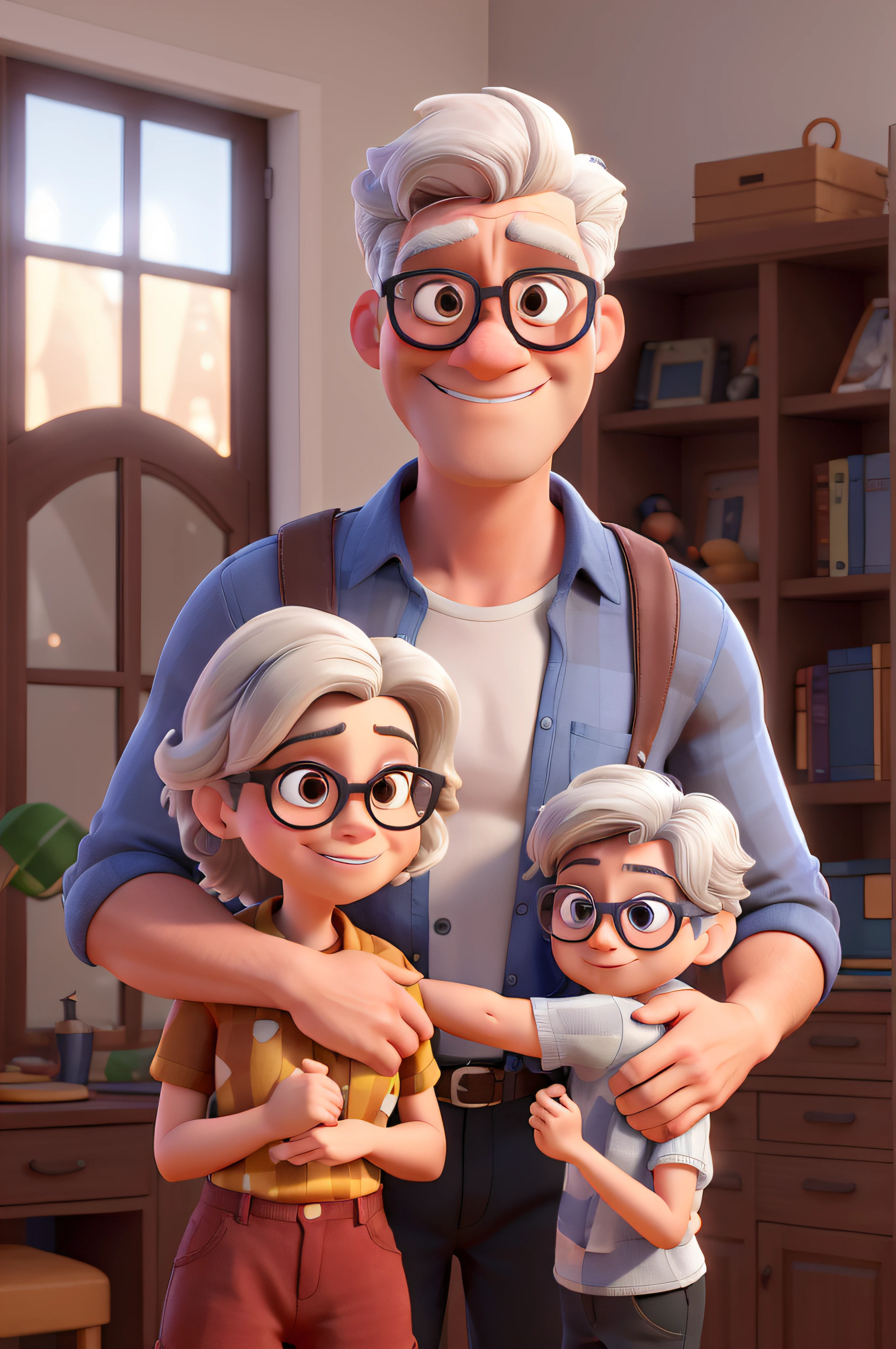 Remove child and woman leave only cartoon man of a gray-haired man wearing black glasses and a blue shirt, um personagem animado, Caractere estilizado, animation style rendering, 3D estilizado, Arnold Maya render, 3 d render stylized, toon render keyshot, Personagem 3D, Personagem 3D, 3d rendering stylized, 3 d character render, personagem de desenho animado, Personagem de close up, Pose de personagem, (Estilo Pixar) (master part:1.2) (Bokeh) (best quality) (pele detalhada) (textura detalhada) (8k) (argila) (Cinematic lighting) (foco nítido,Senta e vaza a parte superior do corpo