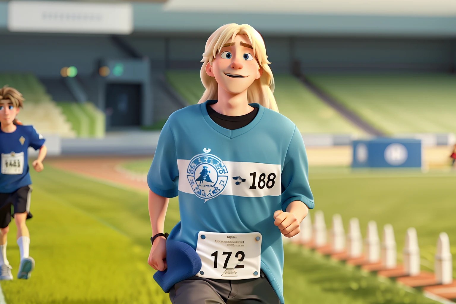 white and blonde long hair guy running, in pixar style
