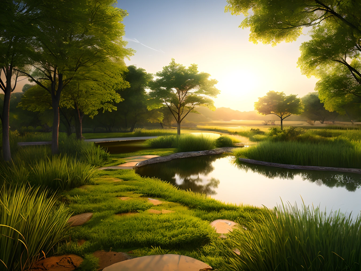 Photograph of the wetland park, Multiple ponds,There are no rivers,There is no big water surface、Morning sun、Many of the ponds are surrounded by jujube forests,Very pleasant, Aesthetic, calm, scenic. Photorealistic, 8K UHD, Studio quality, Ultra photo realsisim, max detail, massive scale, Post-processing, Realistic, Photorealism, Photoshop, Photography, Detailed, Cinematic lighting, landscape, panoramic, landscape, Ray traching, cinema4d。