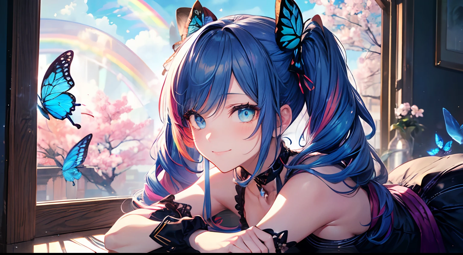 fox ear、Morning park、adventurer、adventure、daggers、(masutepiece:1.3), (8K, Photorealistic, Raw photo, Best Quality: 1.4), Beautiful face, (Realistic face), Beautiful detailed eyes, (Realistic skin), Attractive, Intricate details,Golden ratio,  1 girl,Naughty smile, (rainbow hair:1.4),((Long twintails,Ribbon 1.4)),Blue athletic wear,(Blue Butterfly Hair Ornament 1.3),cleavage,Dynamic Pose,Dynamic Angle,Intricate details, Hyper realistic、A smile、Smiling、Face enhancement、Lake in the morning、The tree、the morning sun、Luz Divina、Deities、Heaven、rainbows